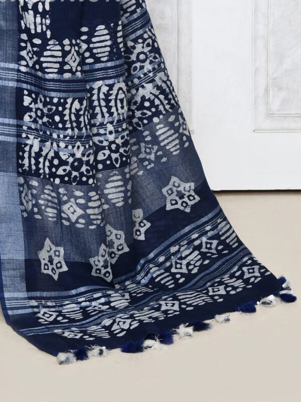 blue batik printed linen saree