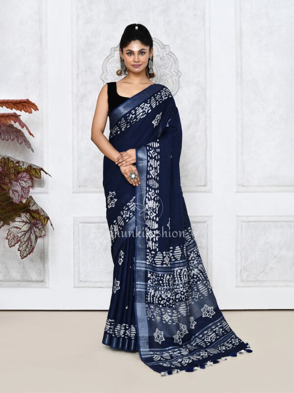 blue batik printed linen saree