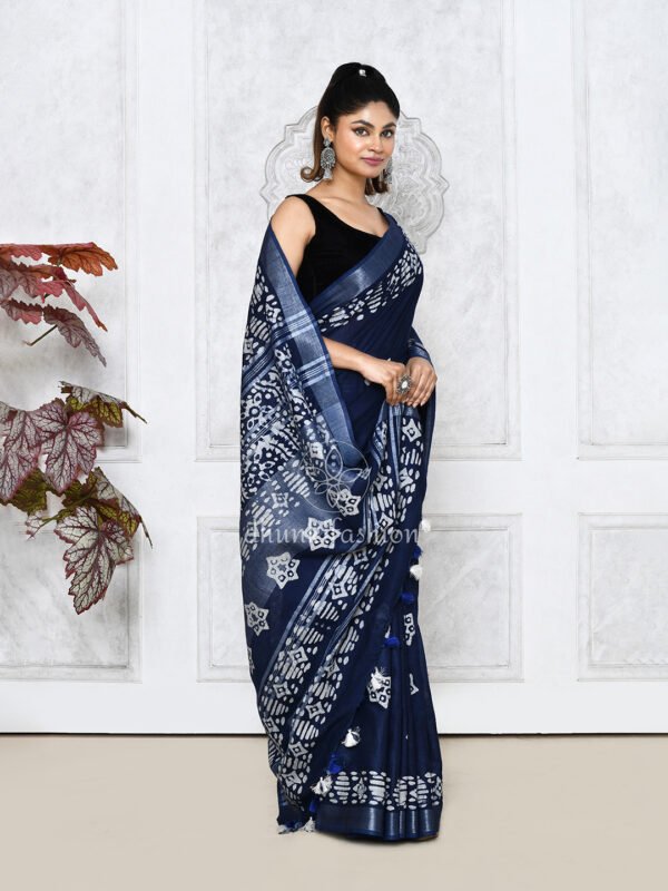 blue batik printed linen saree