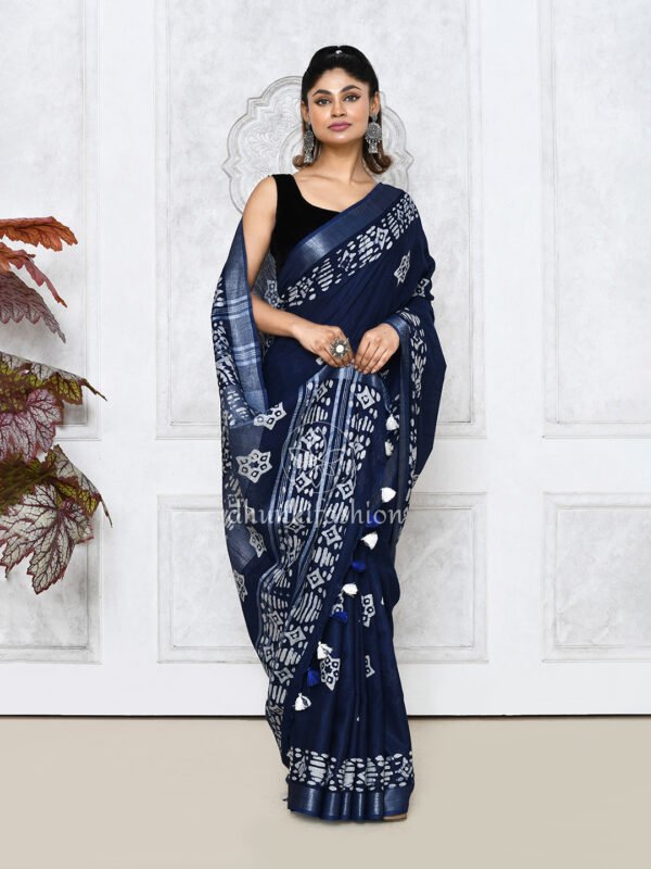 blue batik printed linen saree