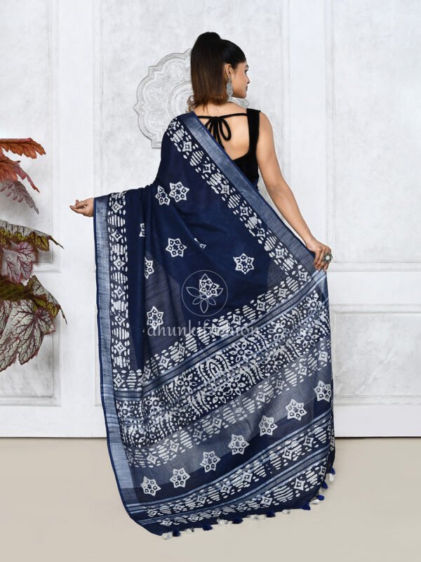 blue batik printed linen saree