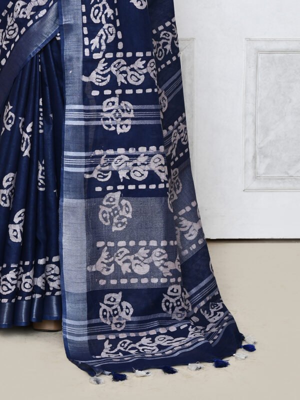 Blue linen batik print saree