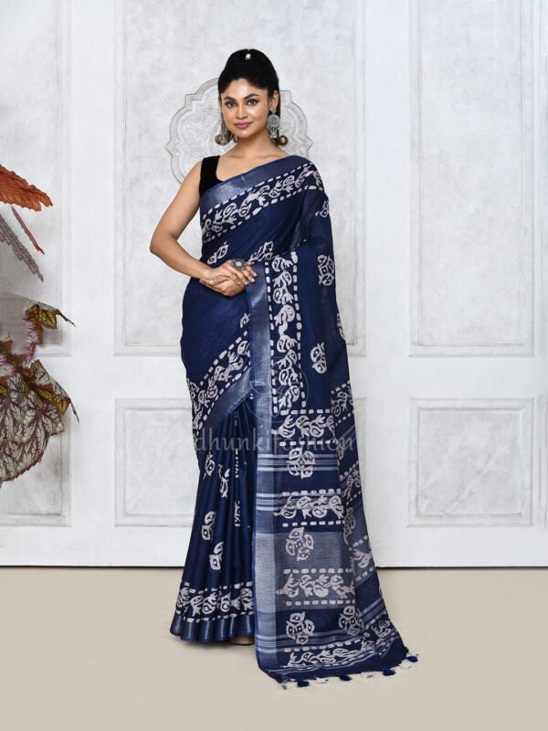 Blue linen batik print saree