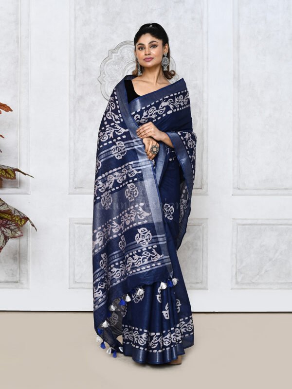 Blue linen batik print saree