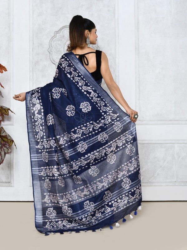 Blue linen batik print saree