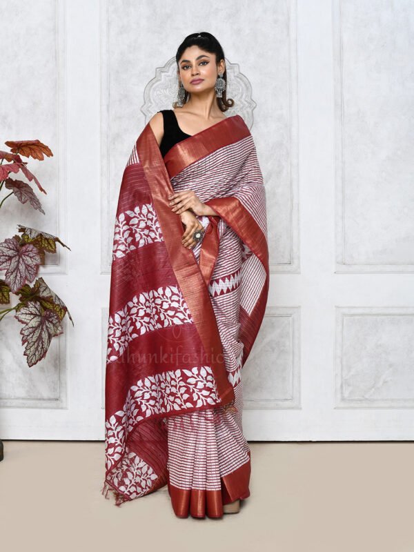 maroon printed cotton silk saree