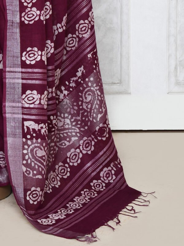 maroon batik linen saree