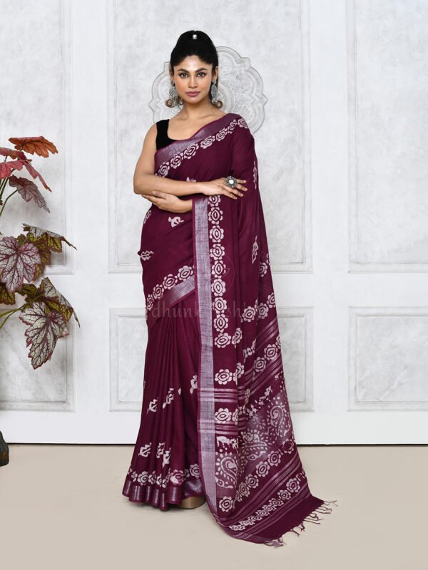 maroon batik linen saree