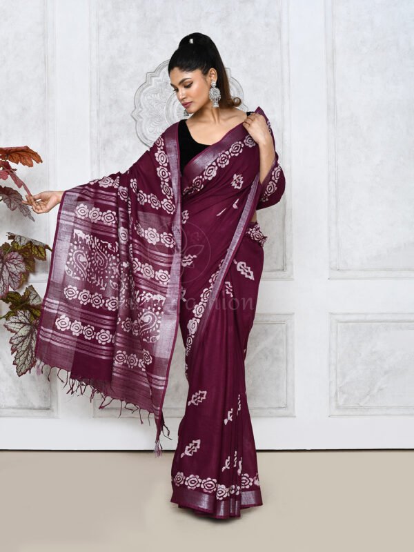 maroon batik linen saree