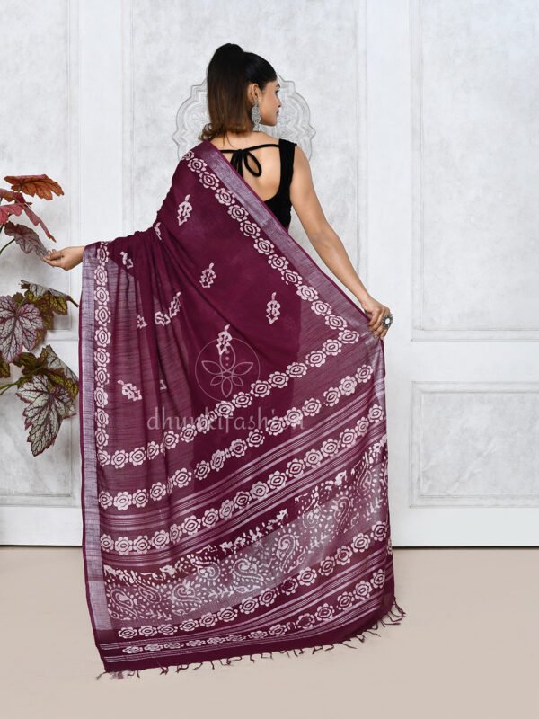 maroon batik linen saree