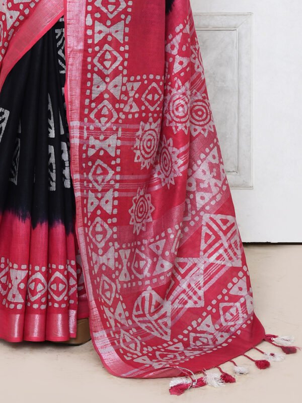 red dual tone batik print linen saree