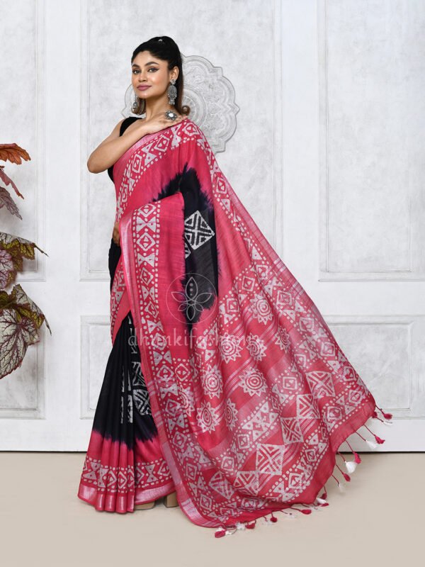 red dual tone batik print linen saree