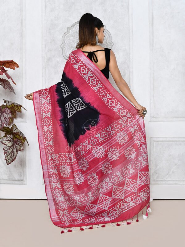 red dual tone batik print linen saree