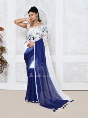 Blue Embroidered Linen Saree