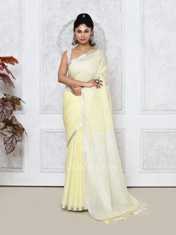 lemon pure linen saree