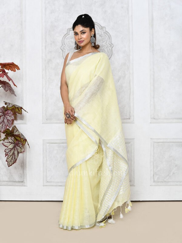 lemon pure linen saree