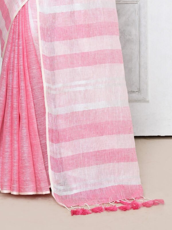 pink linen saree with stripes