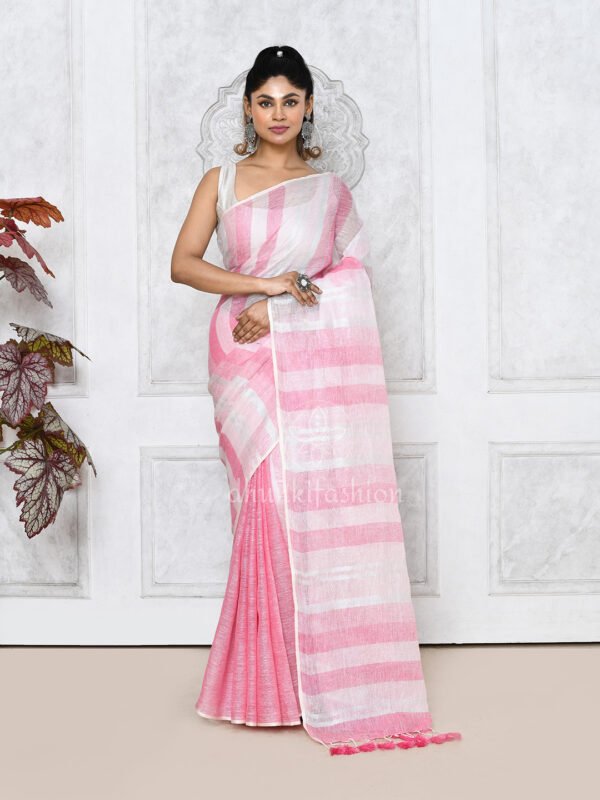 pink linen saree with stripes