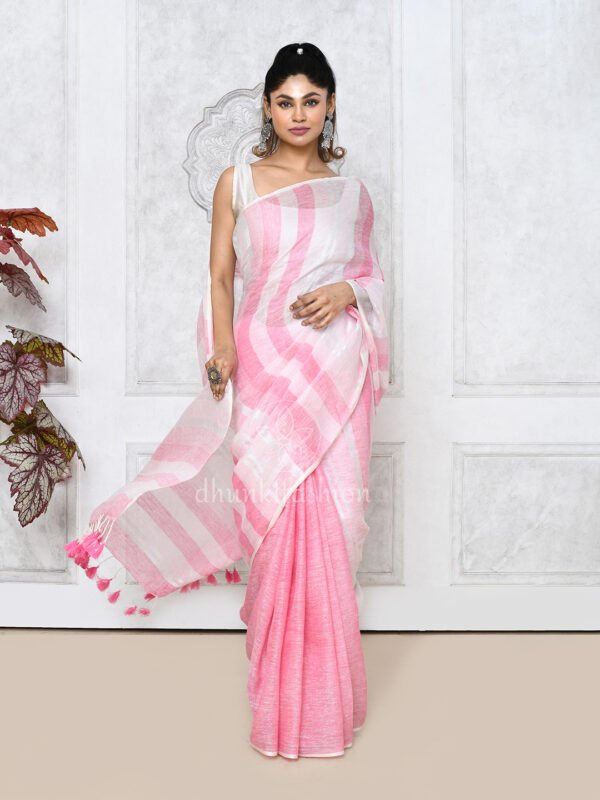 pink linen saree with stripes