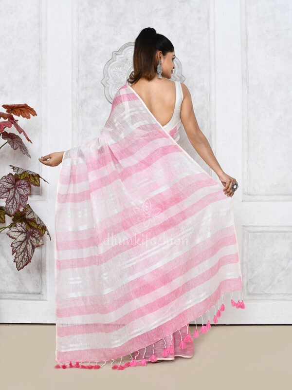 pink linen saree with stripes