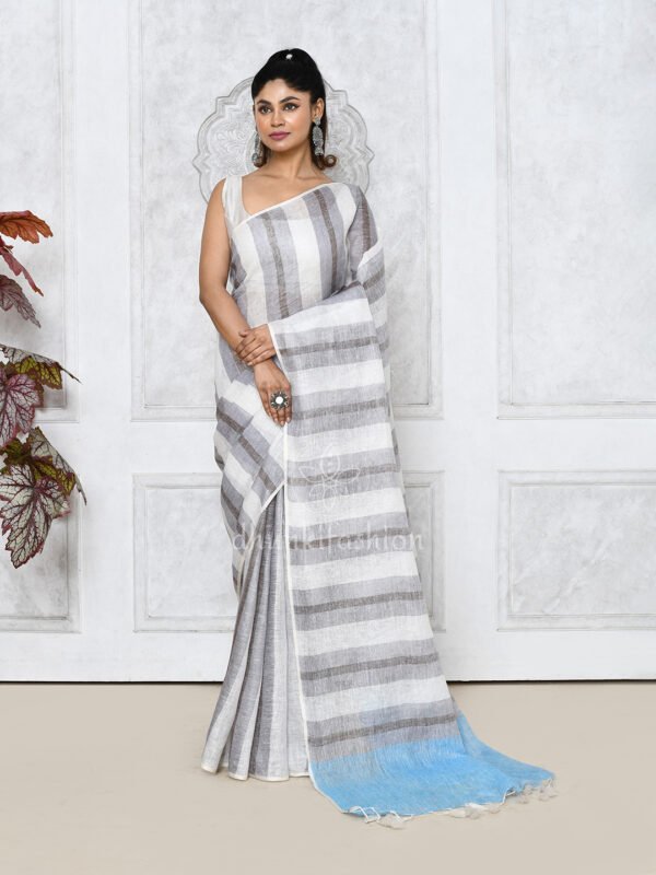 grey linen saree with stripes