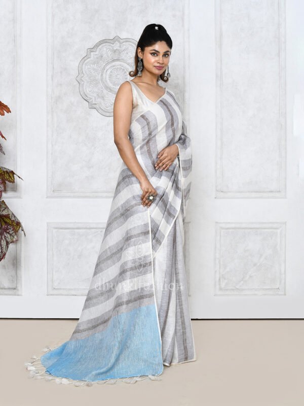 grey linen saree with stripes