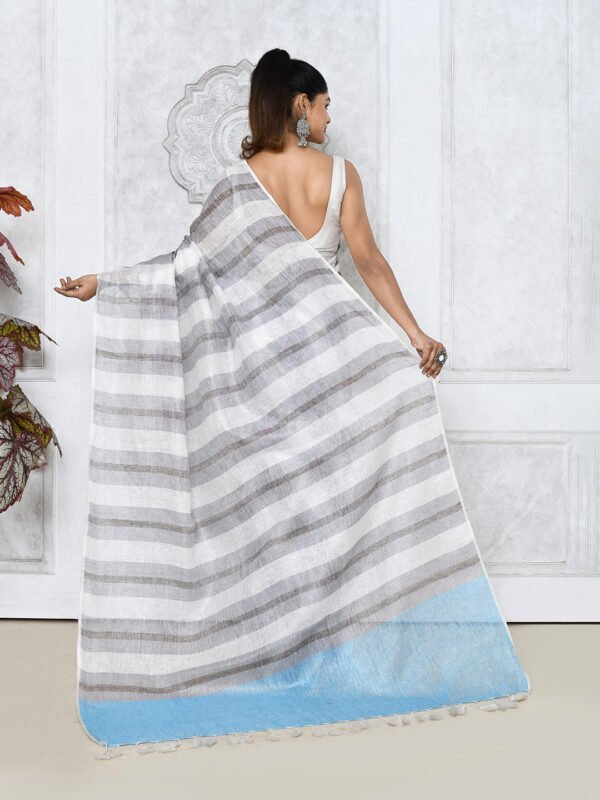 grey linen saree with stripes