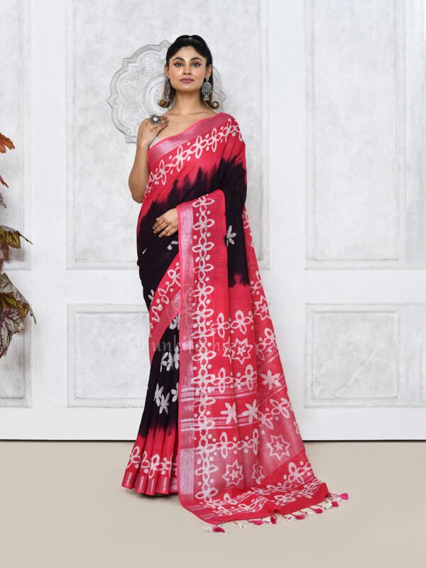 red batik printed saree