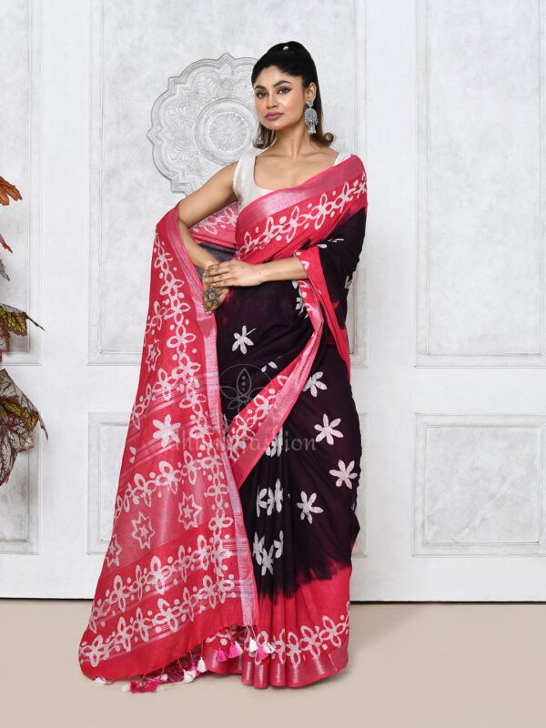 red batik printed saree