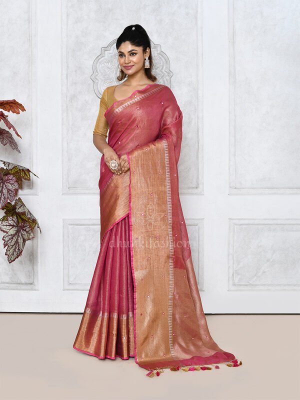 pink zari linen sequence saree