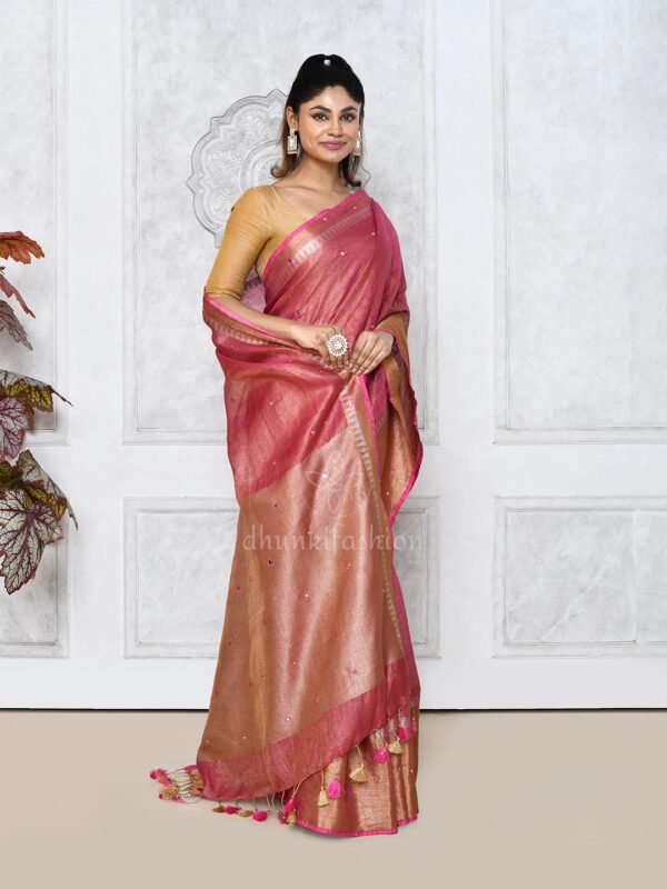 pink zari linen sequence saree