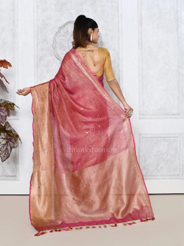 pink zari linen sequence saree