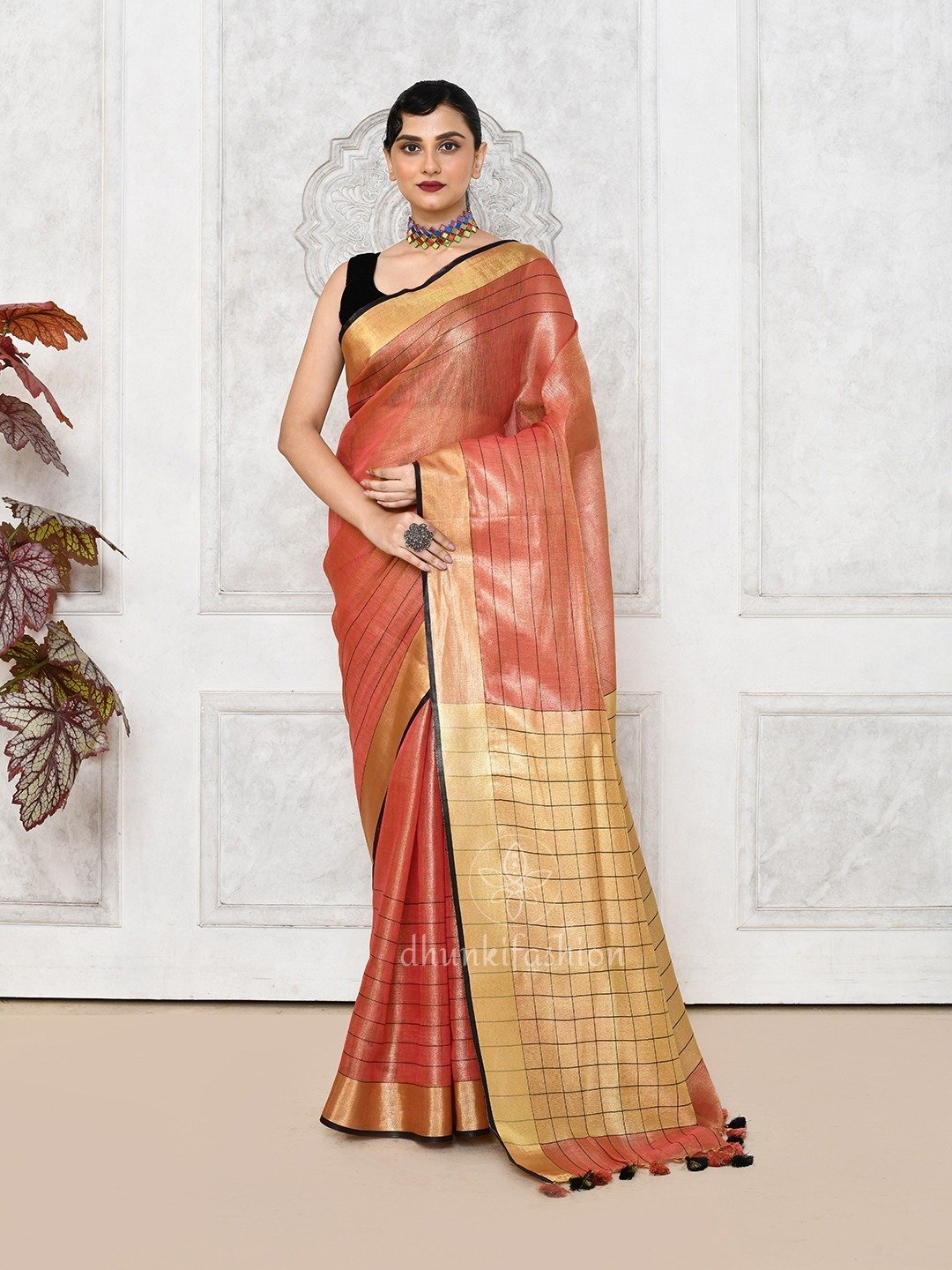 red tissue linen saree