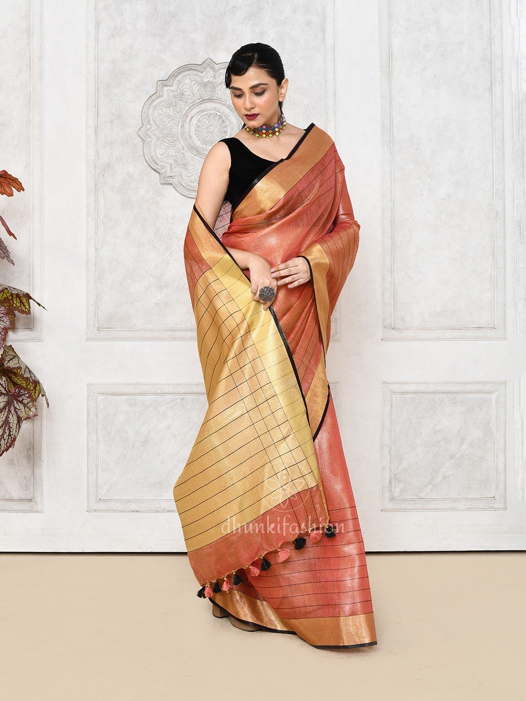 red tissue linen saree
