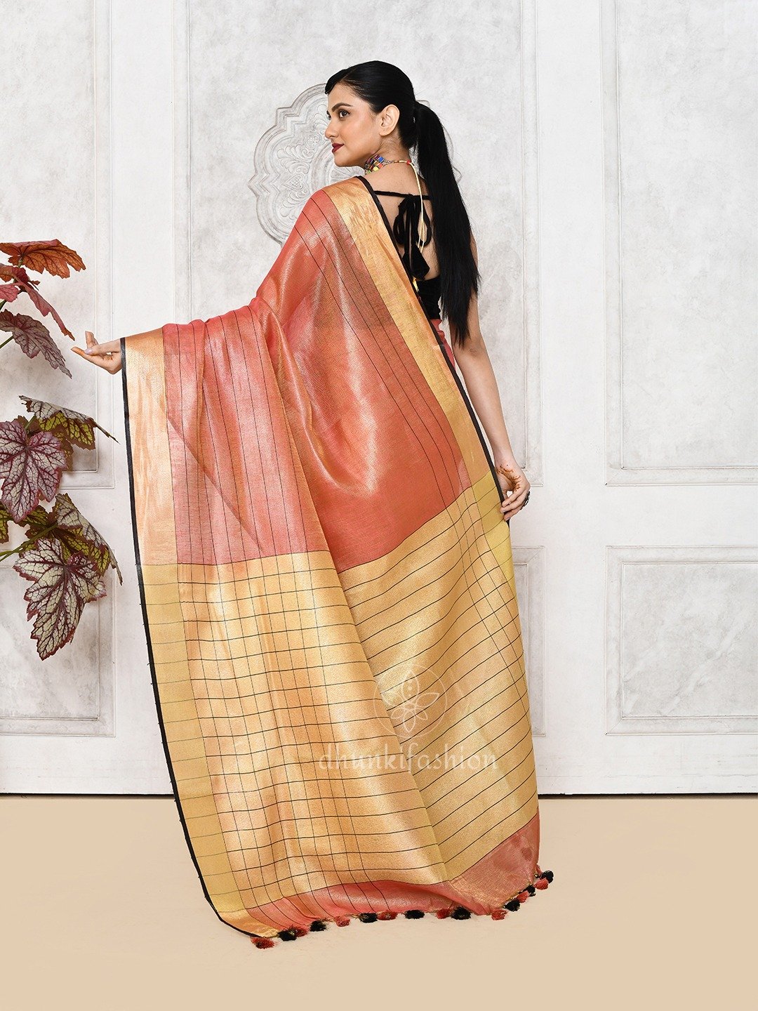 red tissue linen saree