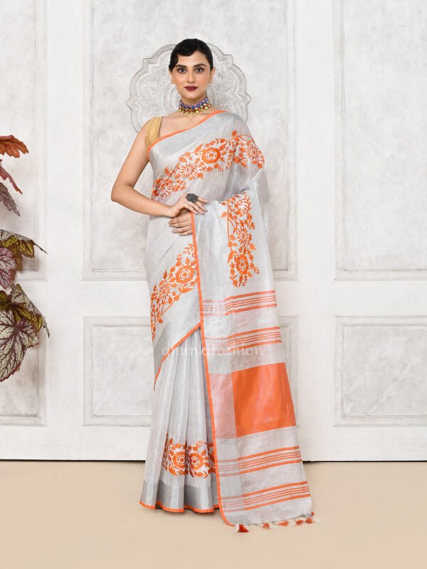 tissue zari linen saree with embroidery