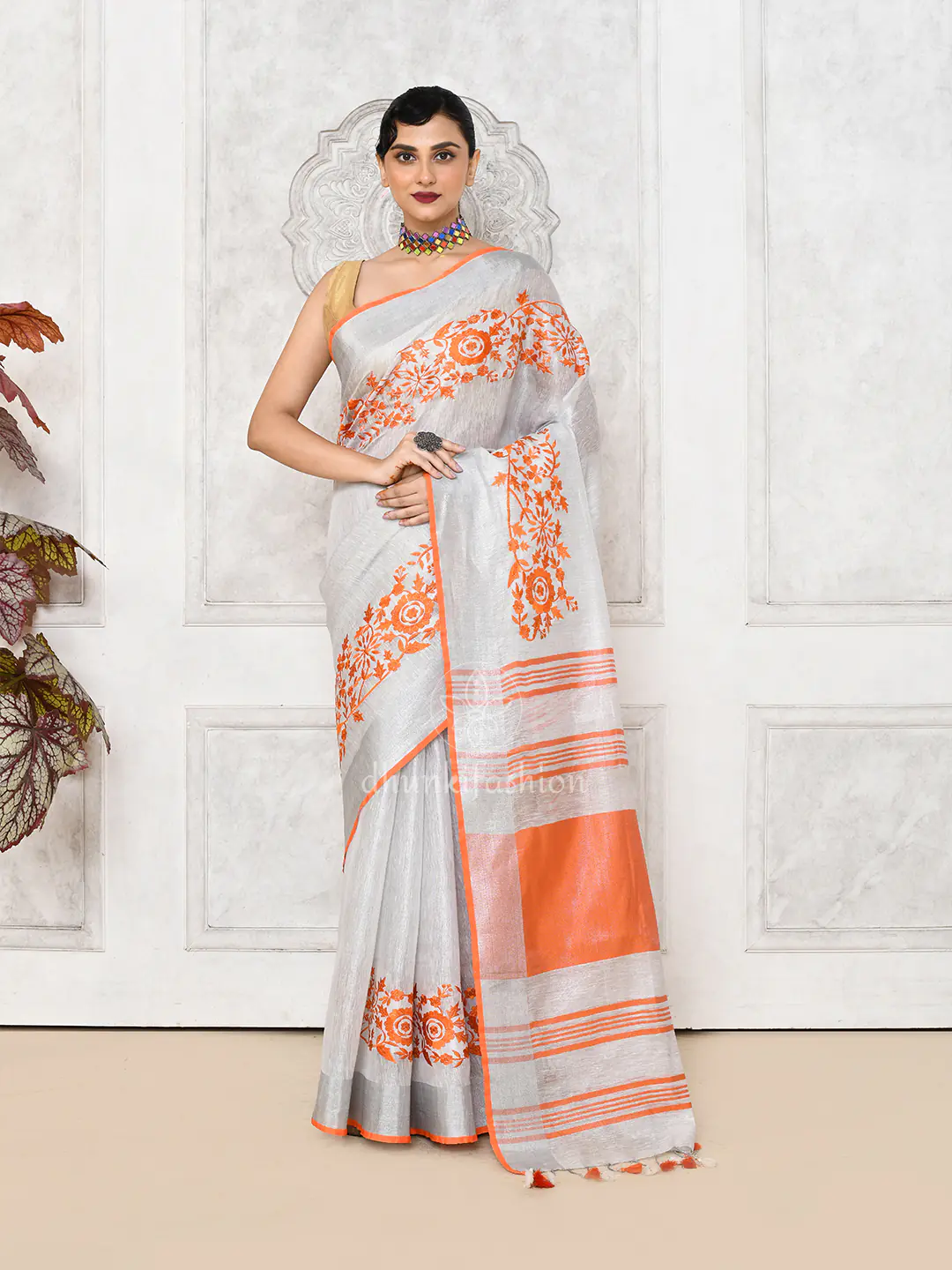 tissue zari linen saree with embroidery