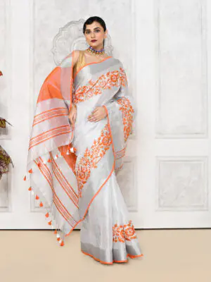 Grey Tissue Embroidery Saree
