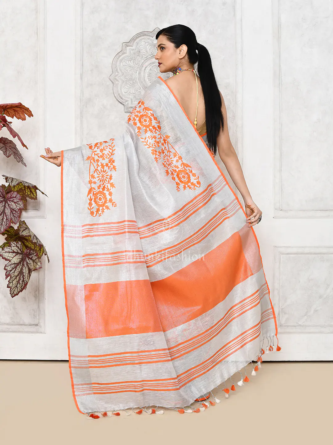 tissue zari linen saree with embroidery