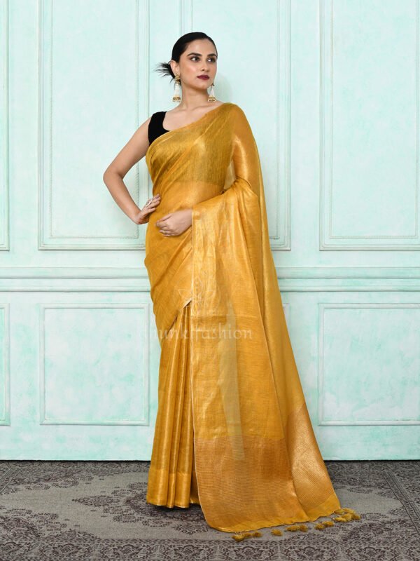 mustard zari linen saree