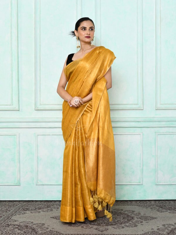 mustard zari linen saree