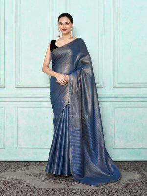 Blue Zari Linen Saree
