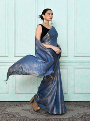 Blue Zari Linen Saree
