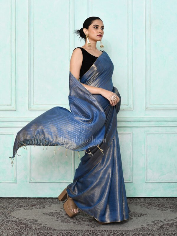 blue zari linen saree