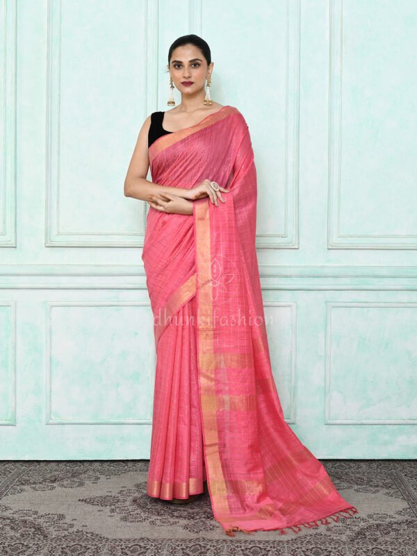 pink zari linen saree