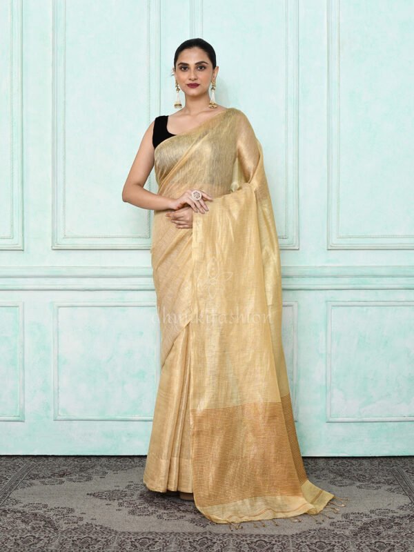 beige zari linen blend saree