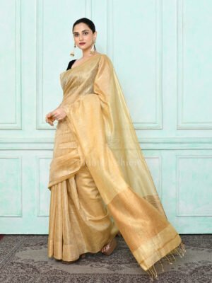 Beige Zari Linen Saree