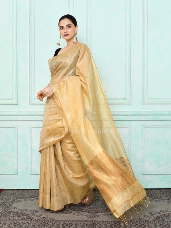 beige zari linen blend saree