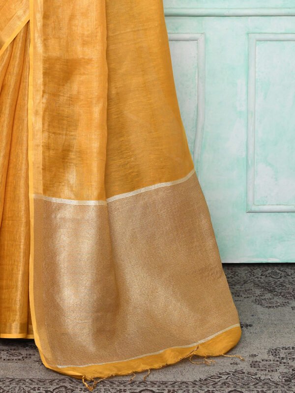 yellow zari linen saree