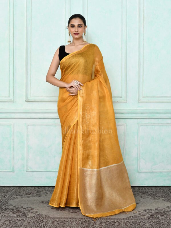 yellow zari linen saree